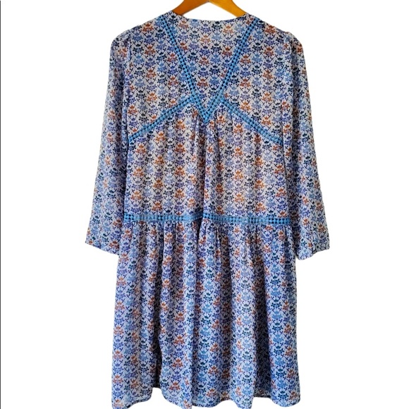 Anthro Holding Horses Crochet Lace Blue Floral Peasant Swing Baby Doll Dress - Picture 6 of 10